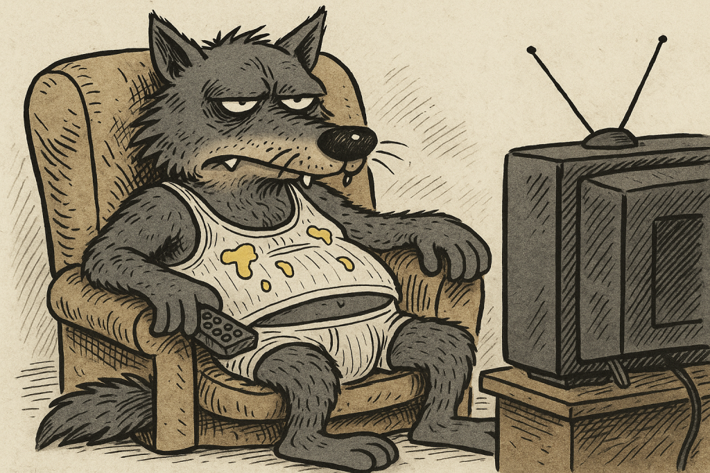 Senfbekleckerter Wolf in Unterhemd vor Fernseher